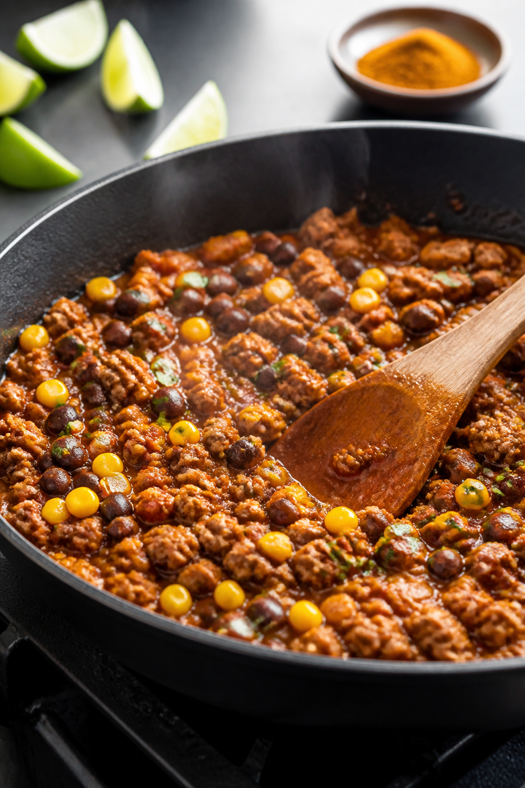 Cooking process – taco filling in skillet: Close-up of browned ground turkey simmering with taco s