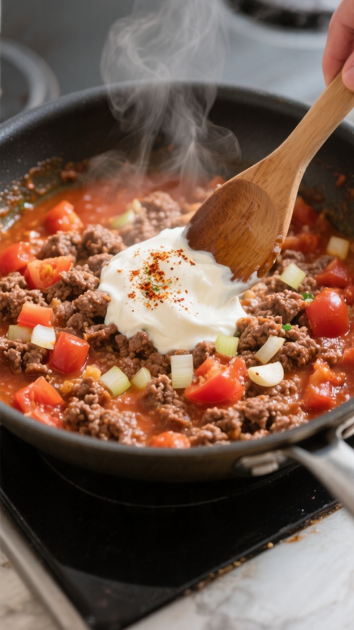 Cooking process: The creamy beef-tomato sauce moment—ground beef with softened diced onion and gar