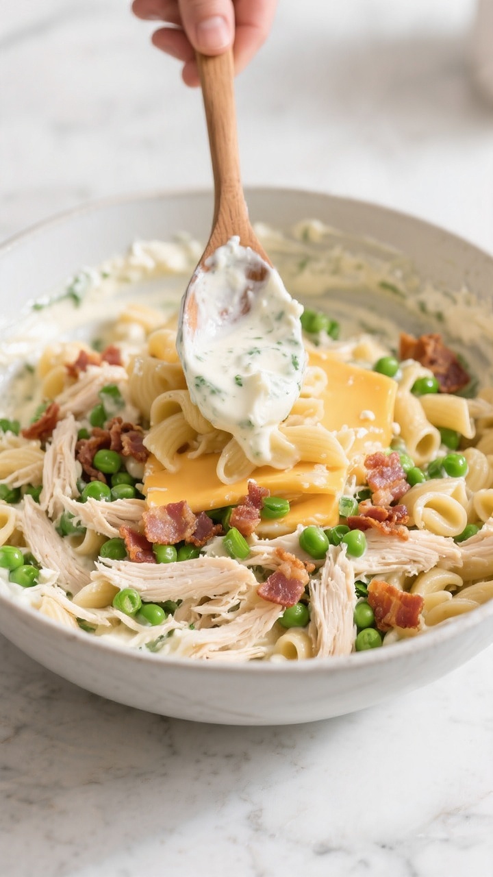 Cooking process: The creamy ranch-cheddar sauce being folded together with shredded chicken, crisp b