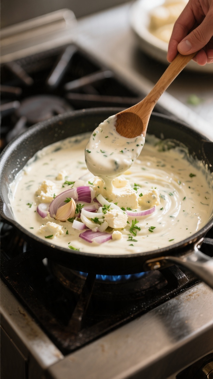 Cooking process: The creamy ranch sauce being whisked in a skillet—silky, glossy texture with melt