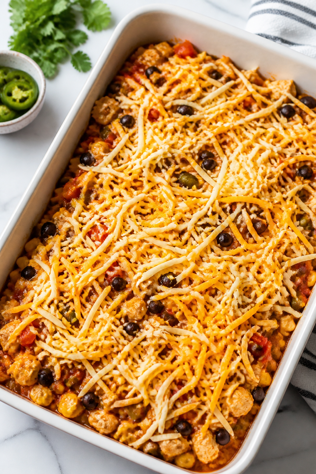 Cooking process: The mixed casserole ingredients spread evenly in a 9x13-inch baking dish before bak