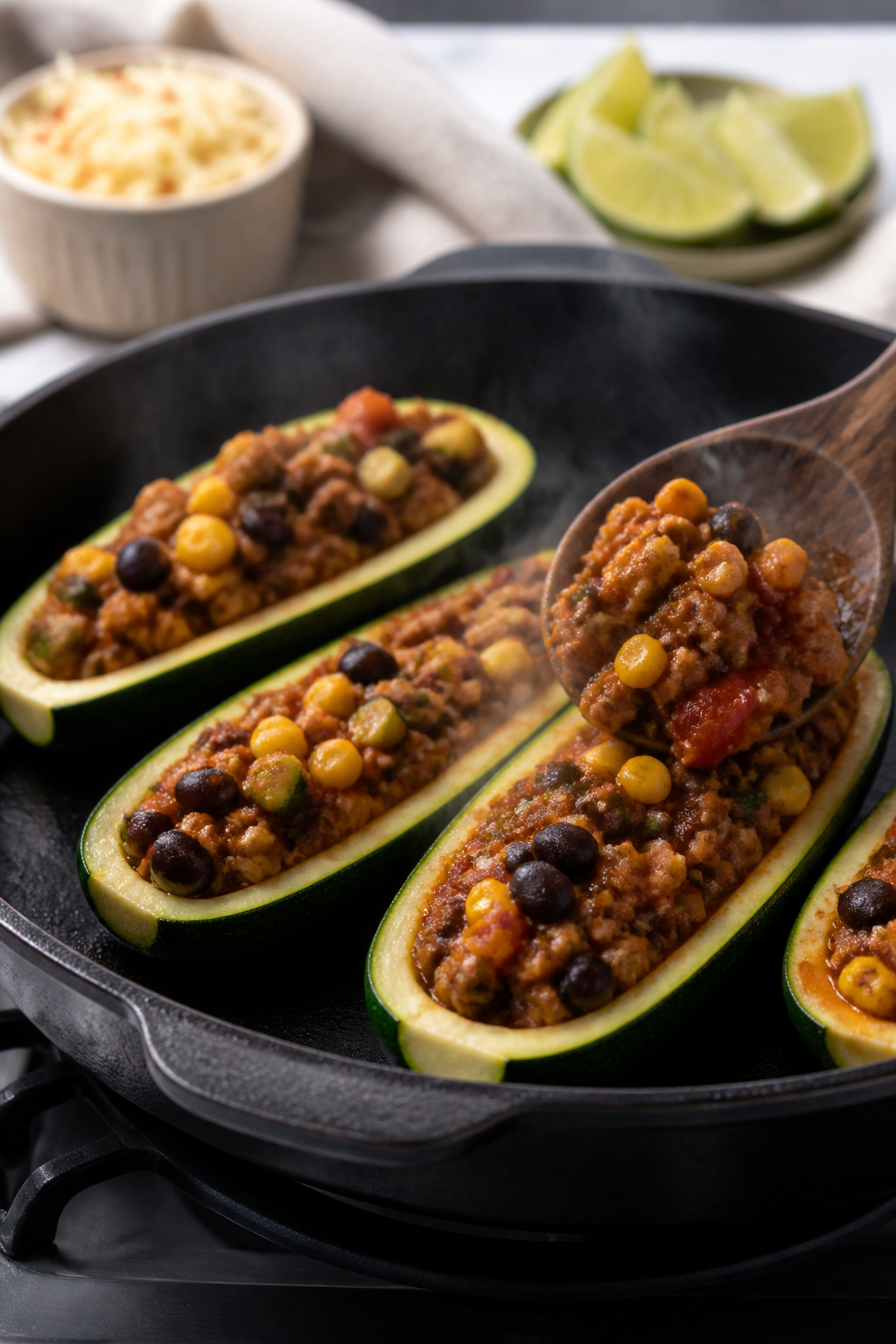 Cooking process, three-quarter angle: Oven-safe skillet on stovetop with hollowed zucchini boats nes