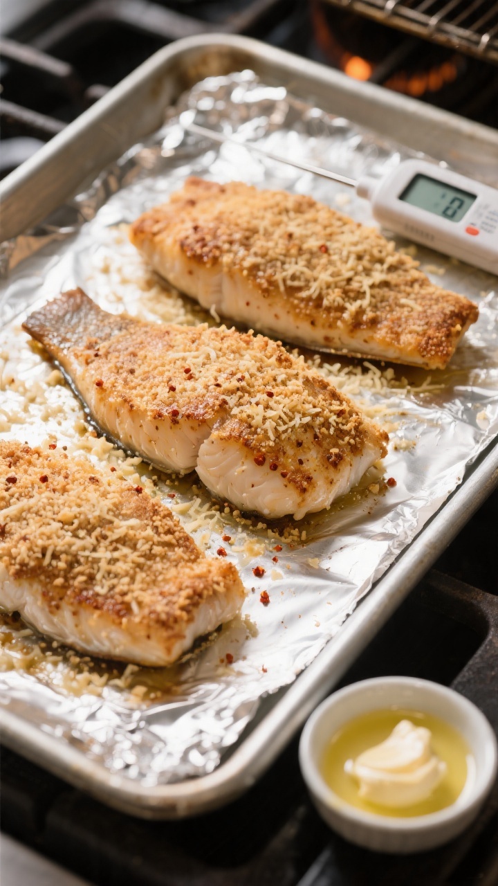 Cooking process: Tilapia fillets on a greased, foil-lined baking sheet being finished under the broi