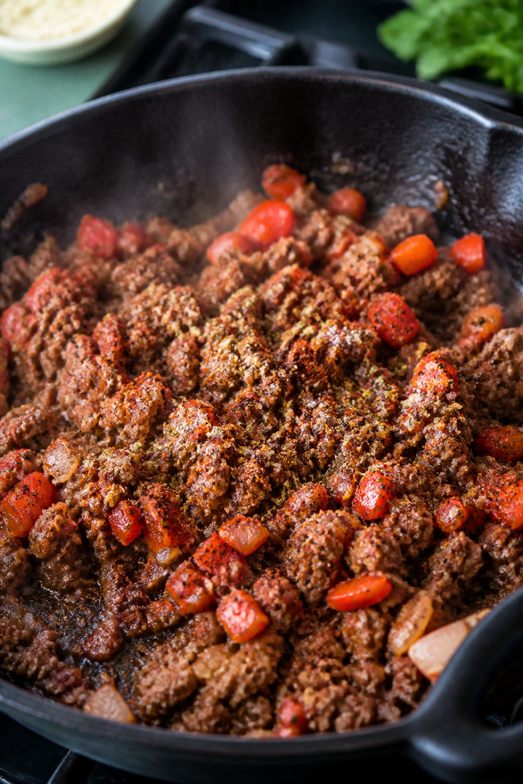 Cooking process — toasted spices moment: Close-up of cooked ground beef in a large black skillet a