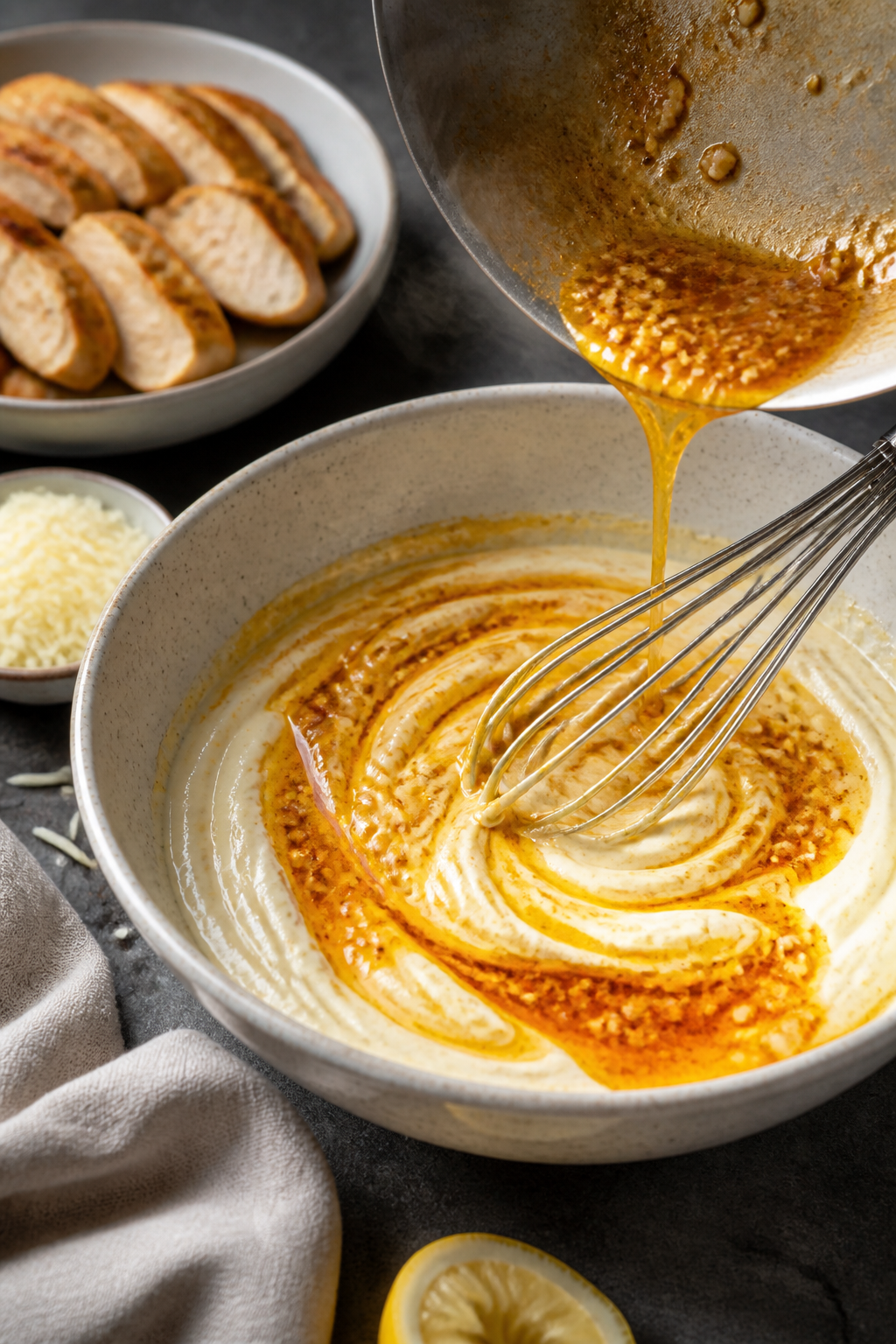 Cooking process: Warm garlic butter being whisked into the creamy base in a large mixing bowl—silk