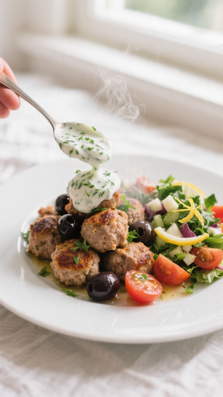 Cooking process: Yogurt-dill-cucumber sauce being spooned over a mound of warm baked turkey meatball