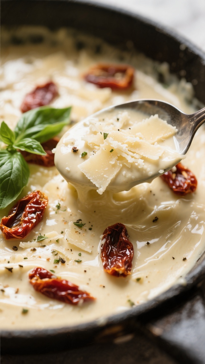 Creamy sauce detail: Close-up of the velvety garlic-Parmesan cream sauce in the skillet, studded wit
