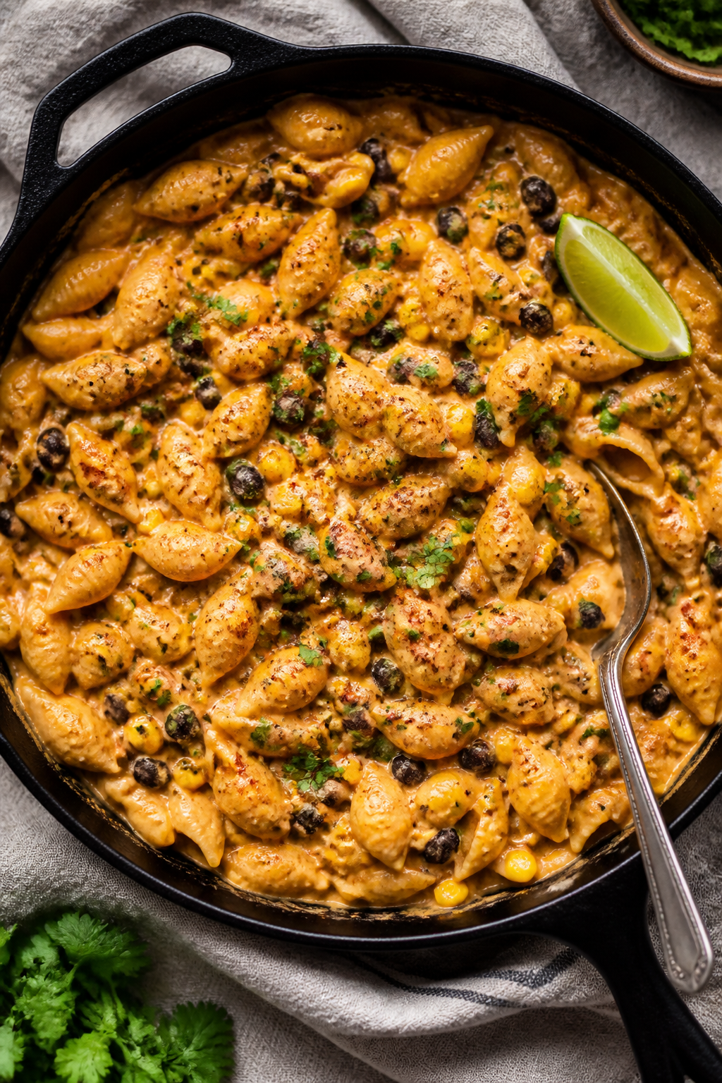 Creamy skillet moment: Overhead shot of the taco pasta just after Greek yogurt and shredded sharp ch