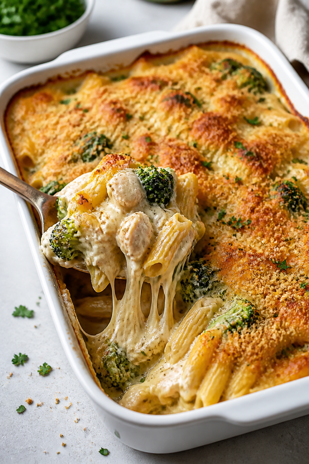 Final bake beauty shot: Chicken broccoli pasta bake in a 9x13 white casserole, edges bubbling, top d