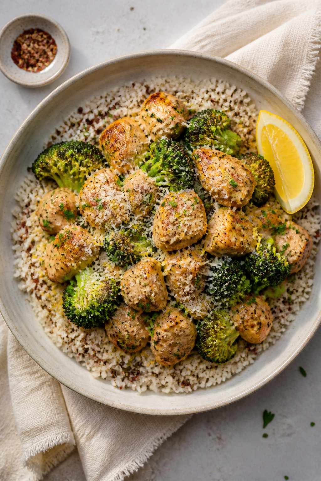 Final bowl overhead: Garlic Parmesan Chicken Broccoli Bowl served over fluffy quinoa and white rice