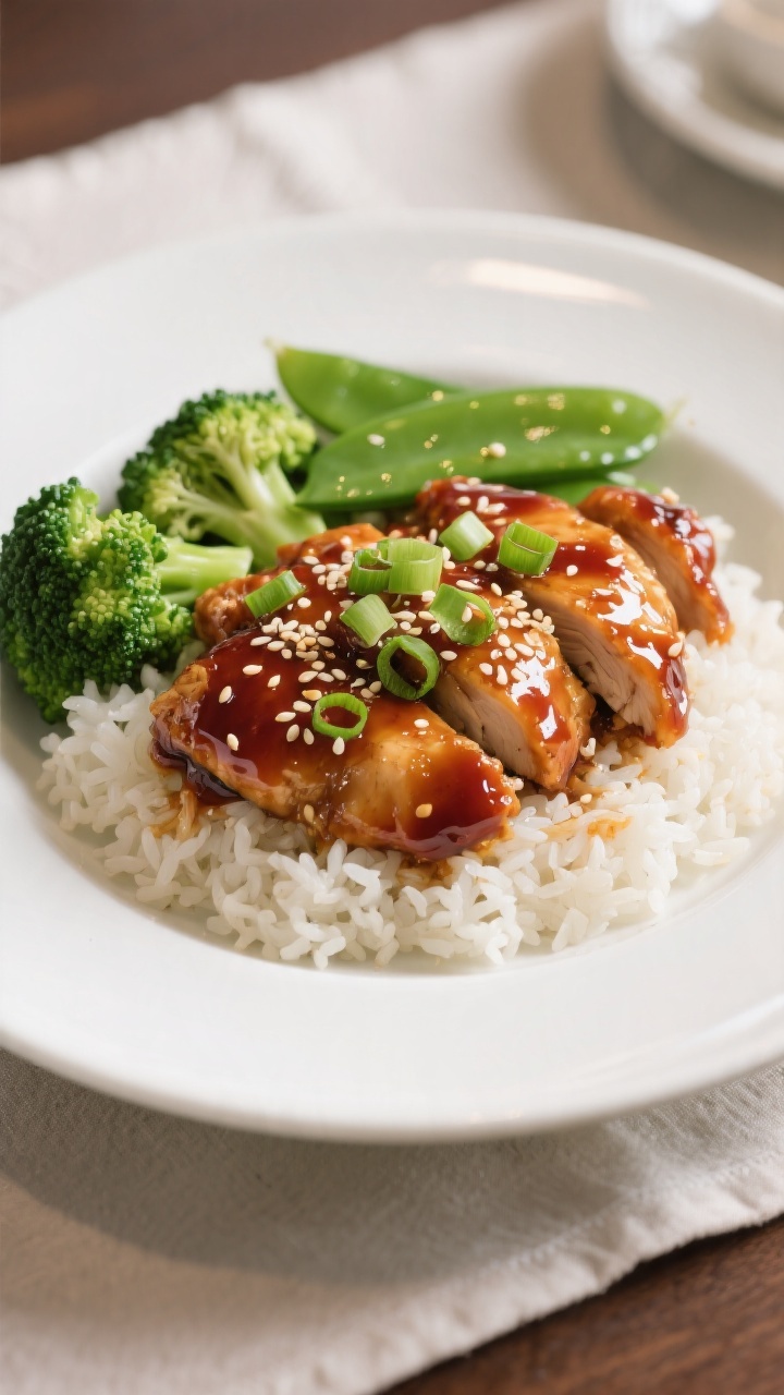 Final dish: Beautifully plated Sticky Sweet Chili Chicken over fluffy jasmine rice, generously coate
