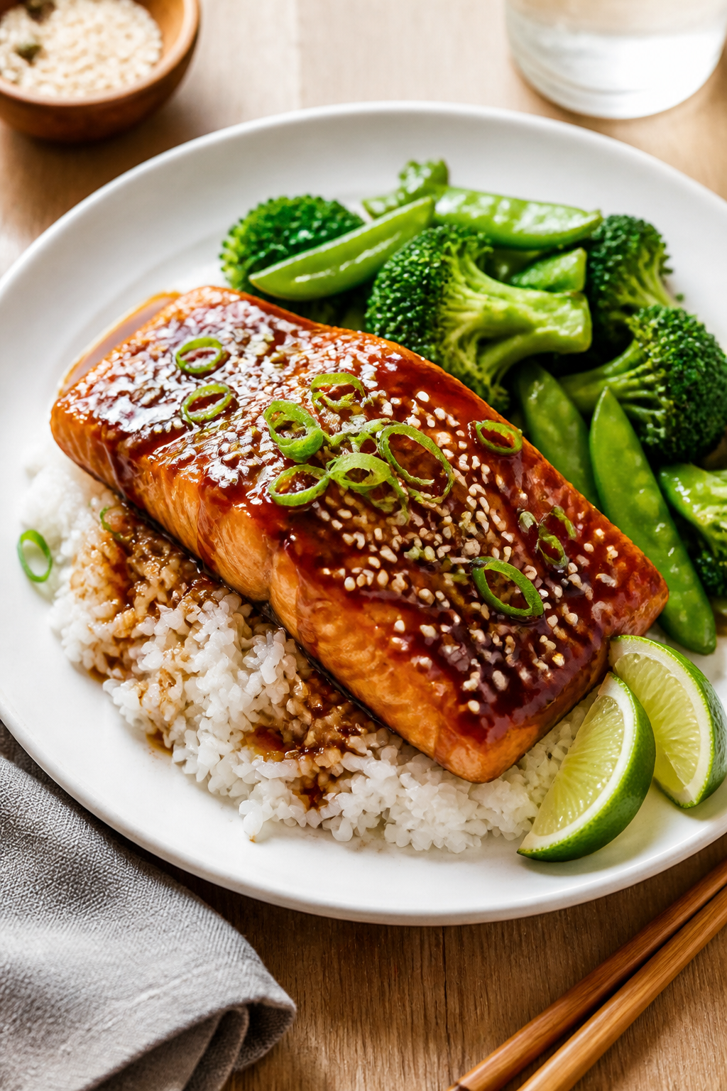 Final dish: Beautifully plated Sweet Garlic Teriyaki Salmon over fluffy jasmine rice with steamed br