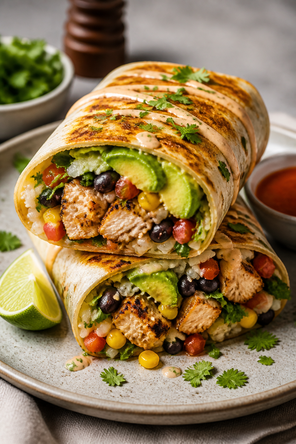 Final dish — Close-up of a sliced, skillet-crisped Healthy Chipotle Chicken Burrito: golden-browne