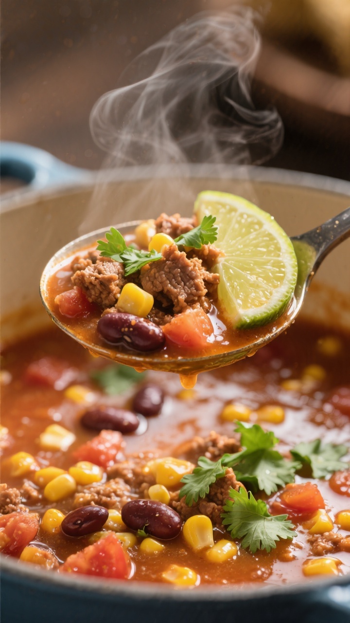 Final dish close-up: Tight, close-up of a ladle lifting Easy Taco Soup from the pot, capturing gloss