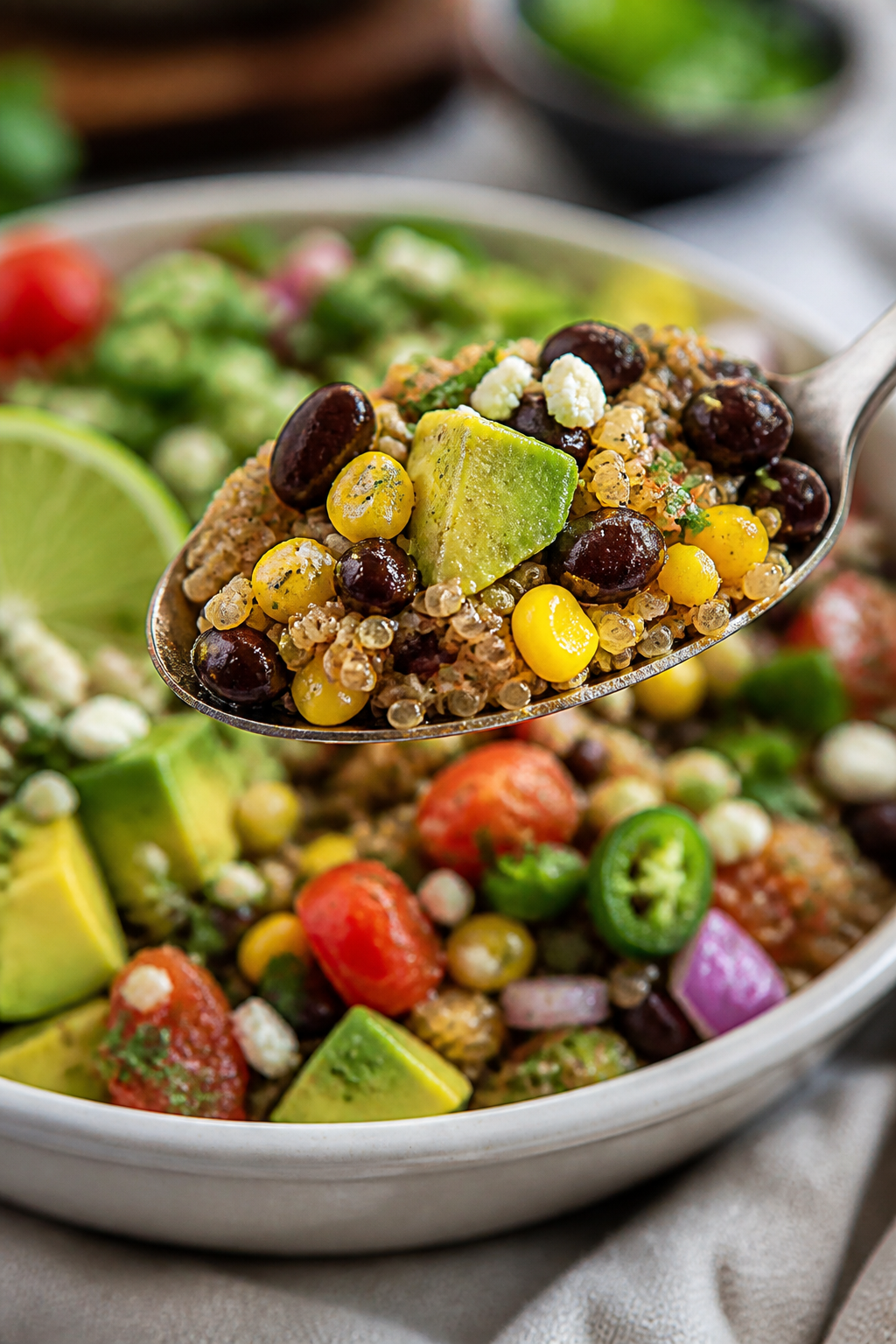 Final dish detail: Macro close-up of a spoonful hovering over the bowl showing distinct quinoa pearl