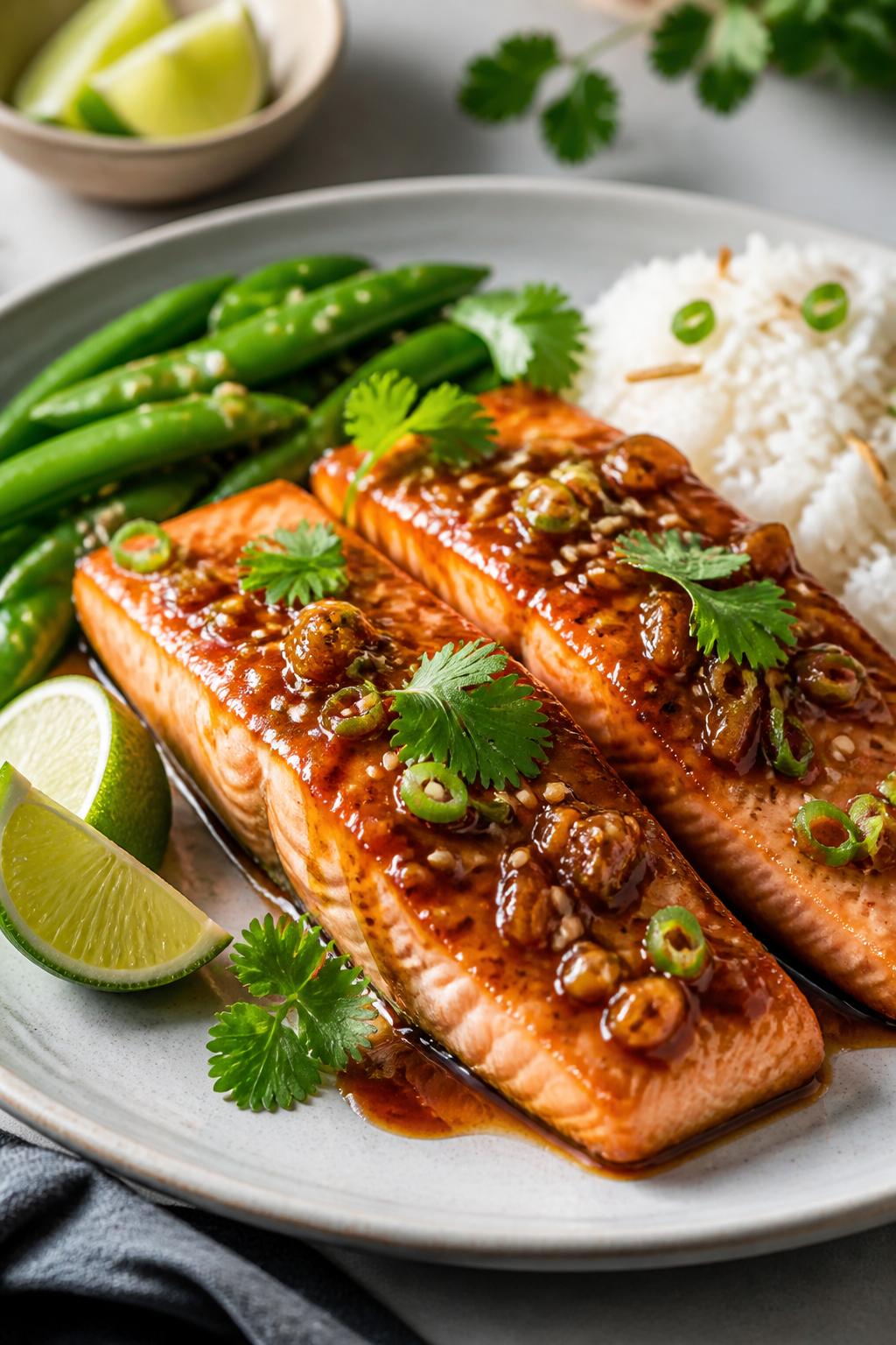 Final dish hero: Restaurant-quality presentation of two salmon fillets brushed to a mirror-like shee