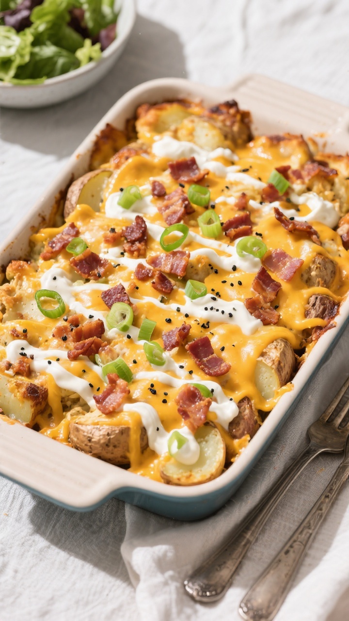Final dish, : Loaded Baked Potato Chicken Casserole served family-style in the baking dish, evenly b