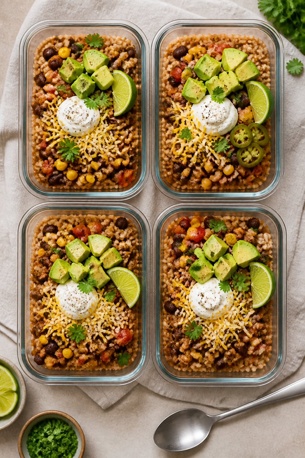 Final dish — Meal prep containers ready for the week: Beautifully arranged 4 glass meal-prep conta