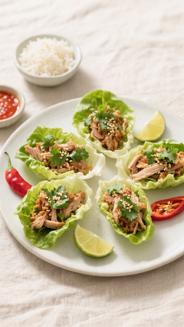 Final dish overhead: Overhead shot of turkey lettuce wraps arranged on a matte white platter—butte