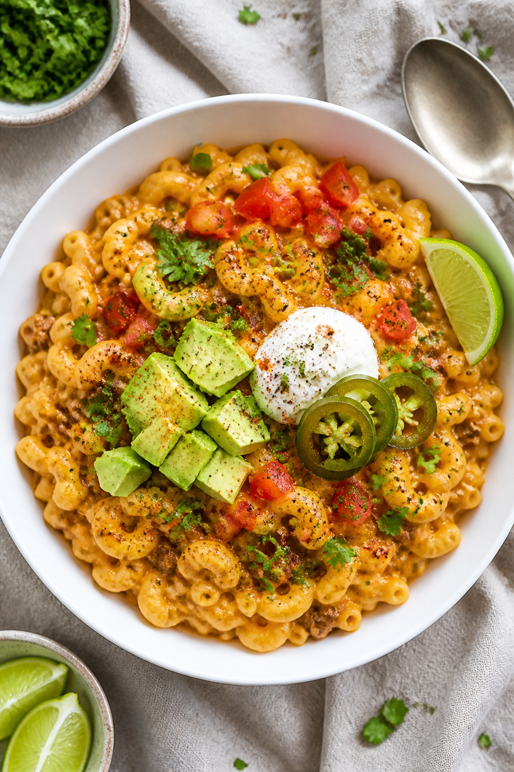 Final dish, overhead: Restaurant-quality bowl of Healthy Taco Mac and Cheese topped with chopped cil
