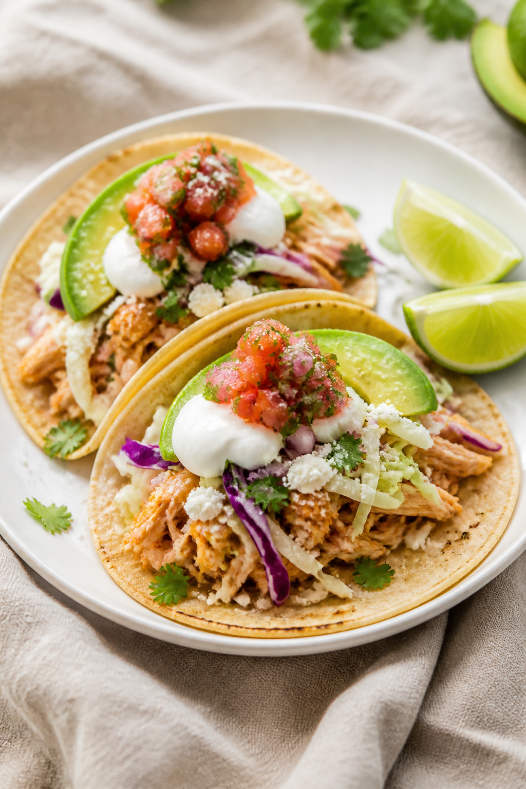 Final dish, plated beauty: Healthy crockpot chicken tacos assembled on warm corn tortillas, layered