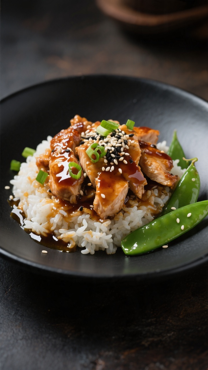 Final dish, plated beauty: Restaurant-quality presentation of Sticky Honey Soy Chicken piled over ri