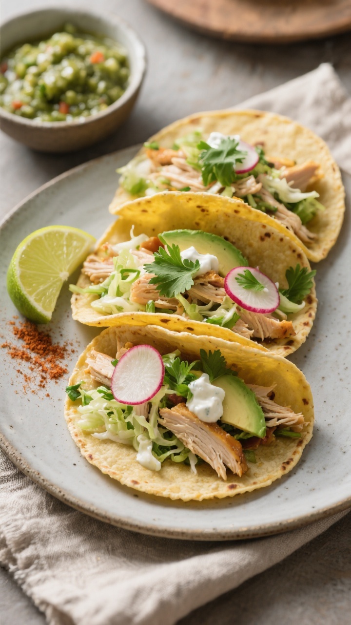 Final dish plated: Cilantro Lime Chicken taco trio on warm corn tortillas, piled with tender shredde
