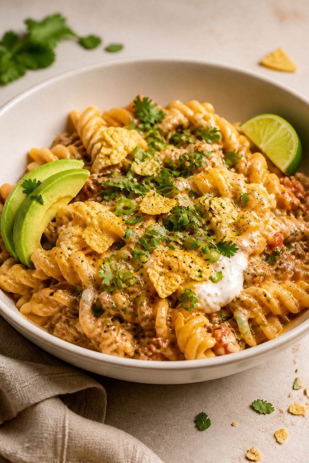 Final dish, plated hero shot: Beautifully plated High Protein Taco Pasta in a wide, matte white bowl