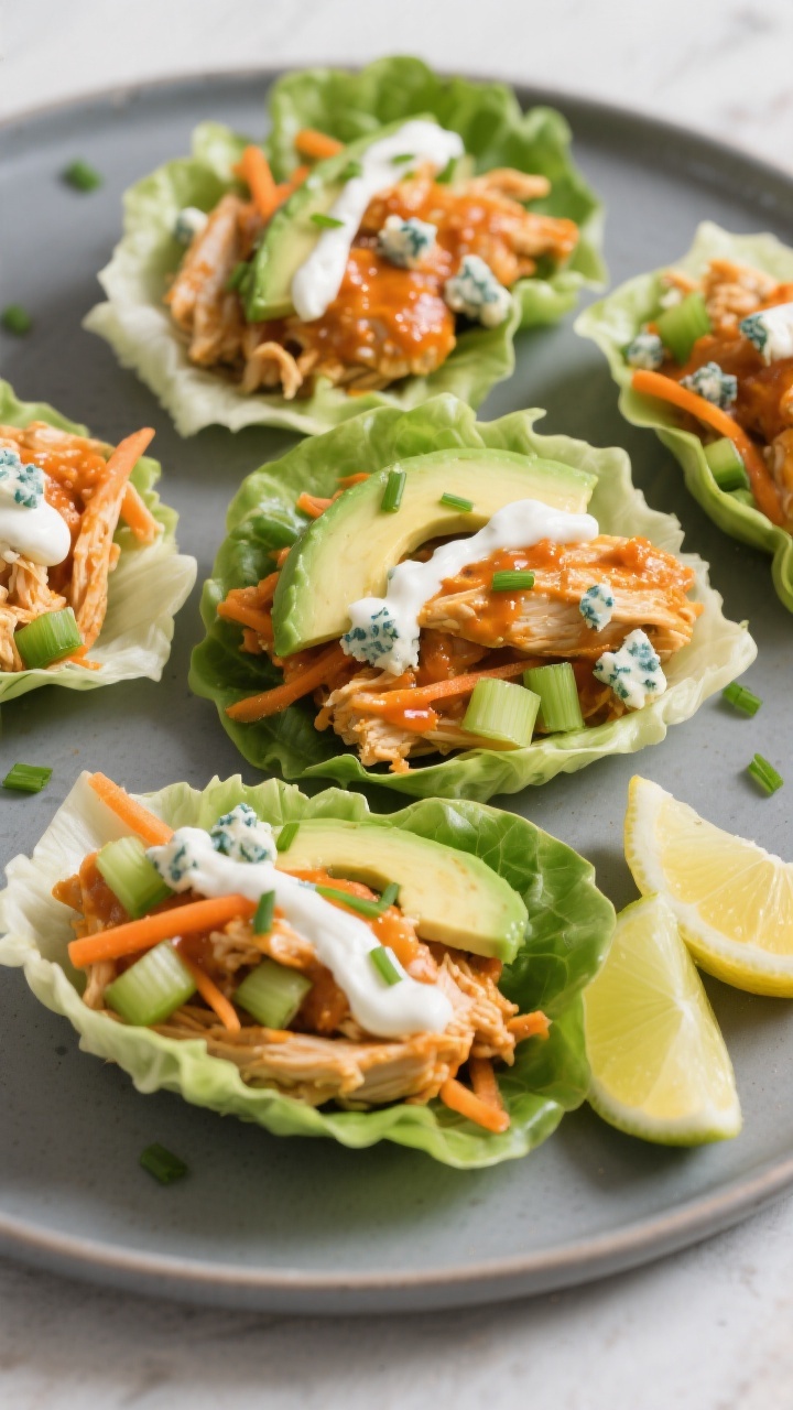 Final dish, plated hero shot: Crockpot Buffalo Chicken Lettuce Wraps arranged on a slate-grey platte