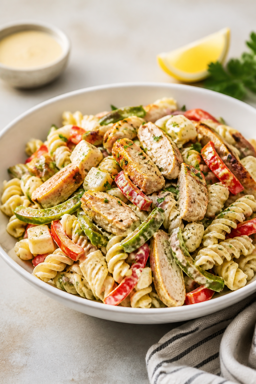 Final dish plated: High Protein Philly Chicken Pasta Salad mounded in a wide, shallow white bowl—a