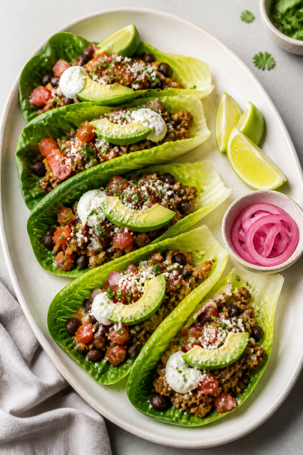 Final dish, plated lettuce wraps beauty shot: Protein Packed Taco Lettuce Wraps arranged in a fan on