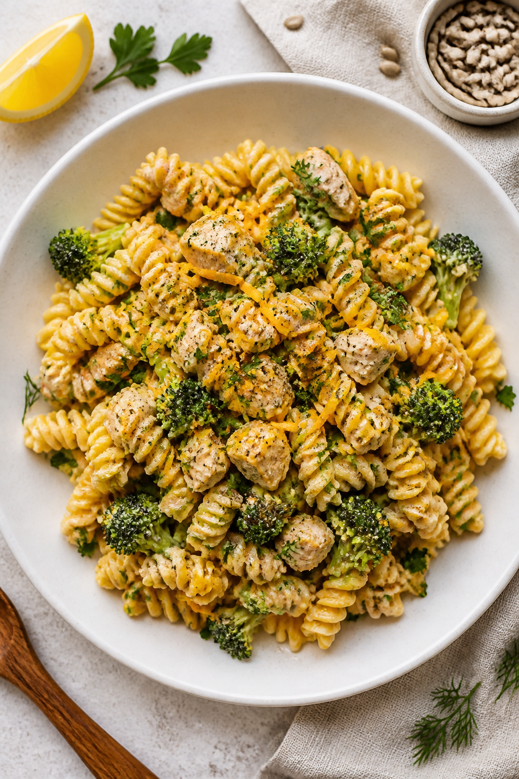 Final dish – plated pasta salad hero: Tasty of the finished High Protein Chicken Broccoli Cheddar 