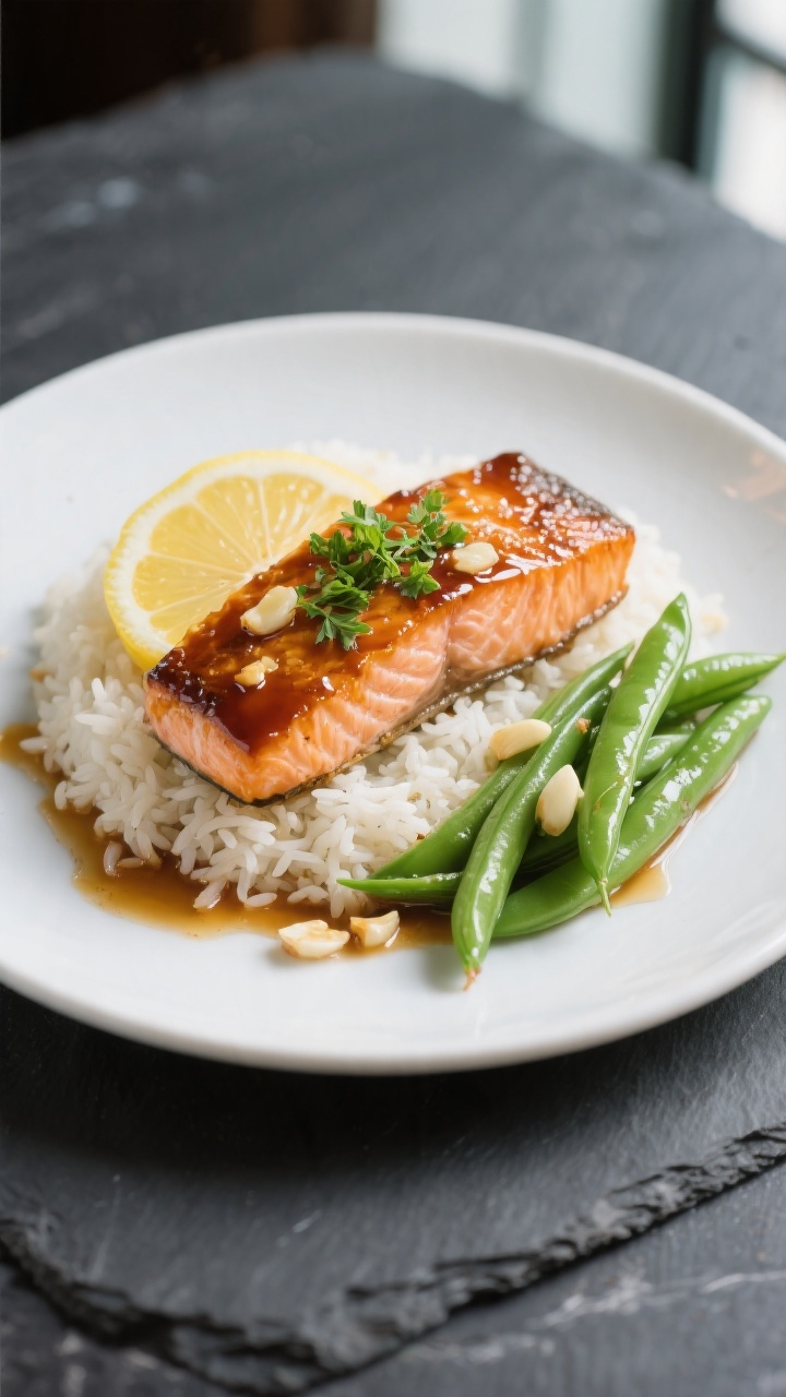 Final dish, plated restaurant-style: Honey garlic glazed salmon fillet lacquered with a thick, gloss