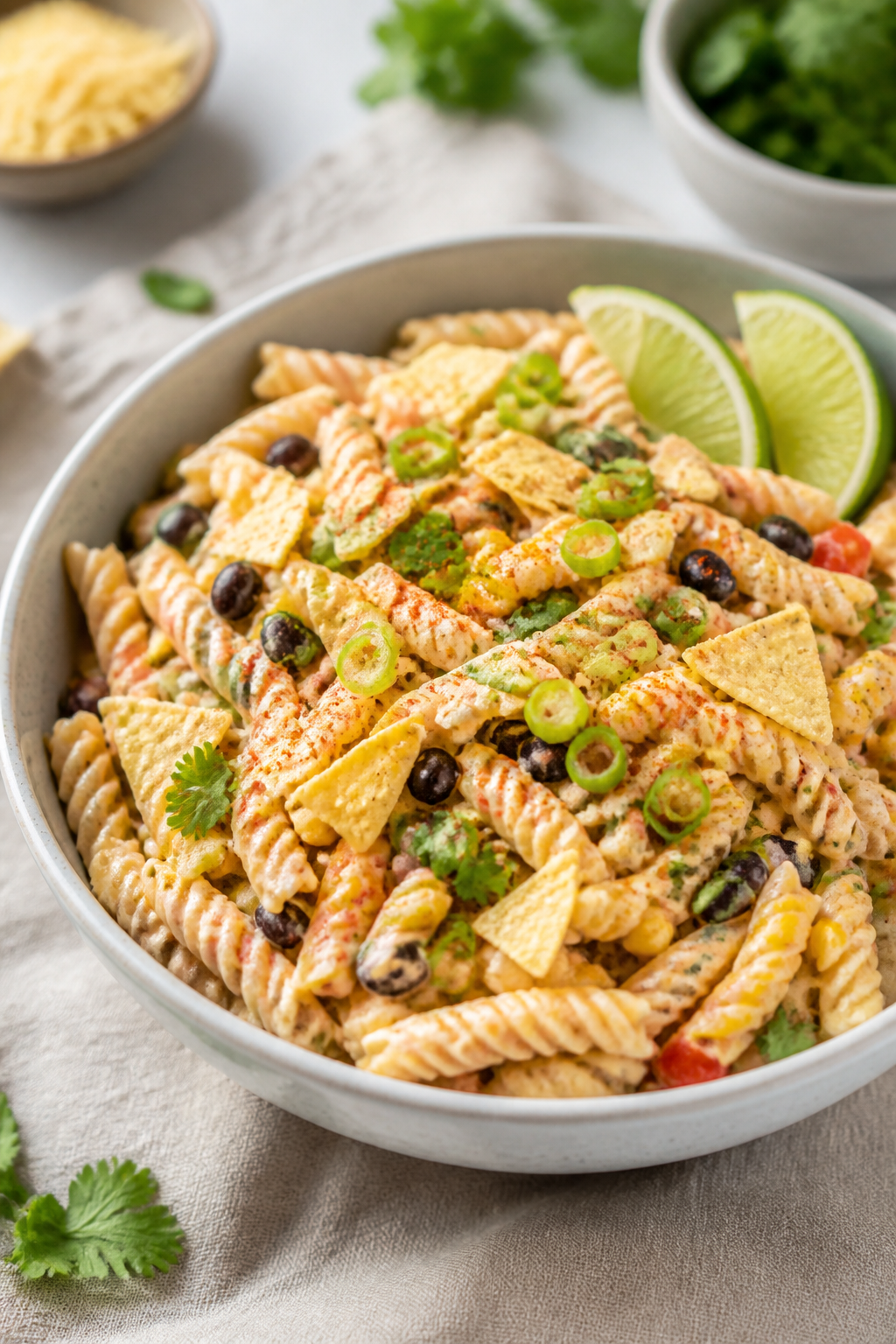 Final dish plating: Restaurant-quality individual bowl of Creamy Southwest Taco Pasta Salad, beautif