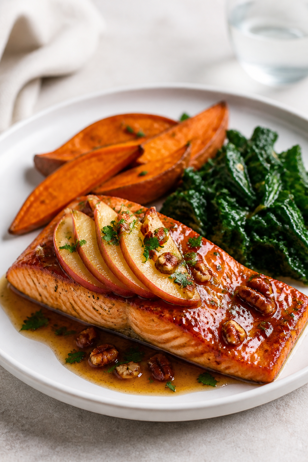 Final dish presentation: Beautifully plated Apple Cider Glazed Salmon on a matte white plate, lacque