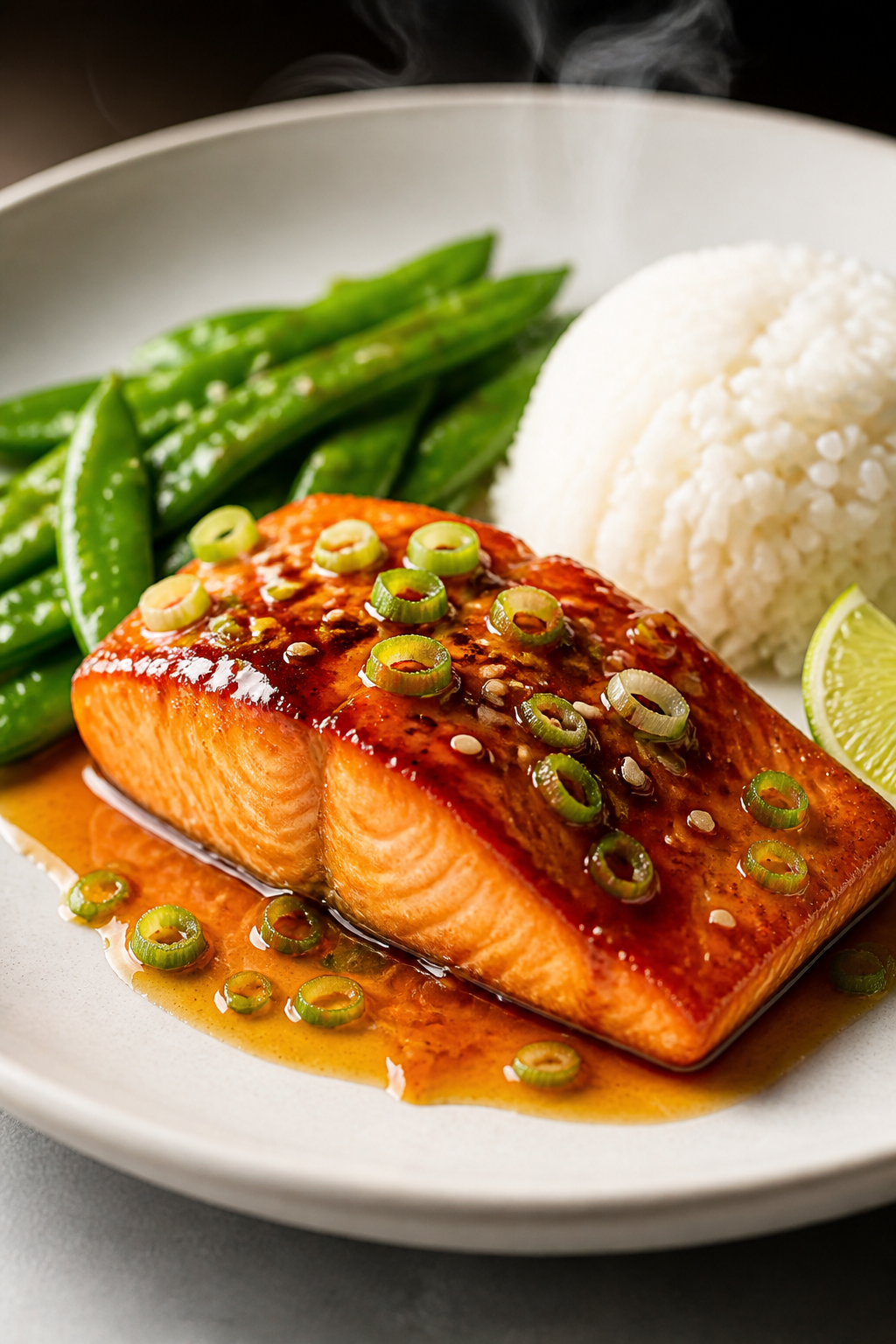 Final dish presentation: Beautifully plated Apricot Ginger Glazed Salmon on a wide white rimmed plat