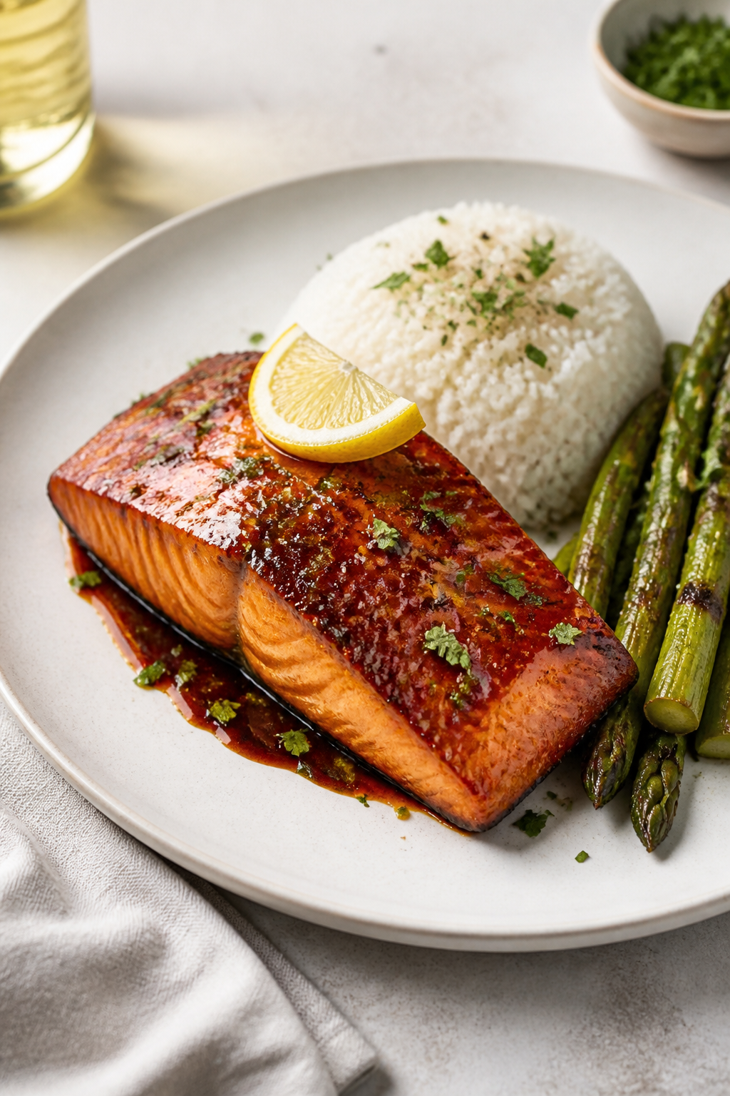 Final dish presentation: Beautifully plated Brown Sugar Bourbon Glazed Salmon on a matte white dinne