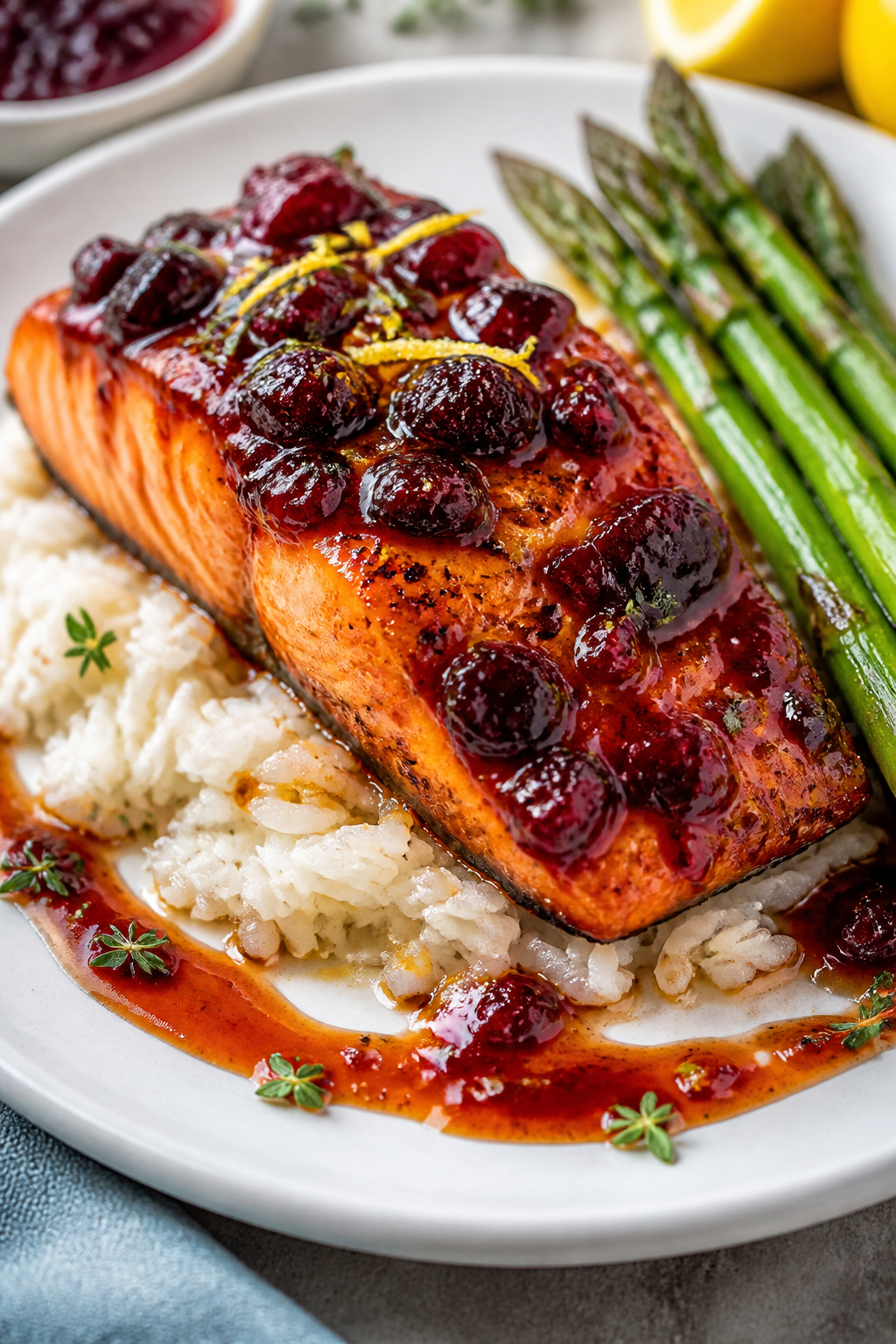 Final dish presentation: Beautifully plated cherry glazed salmon with a lacquered, lightly carameliz