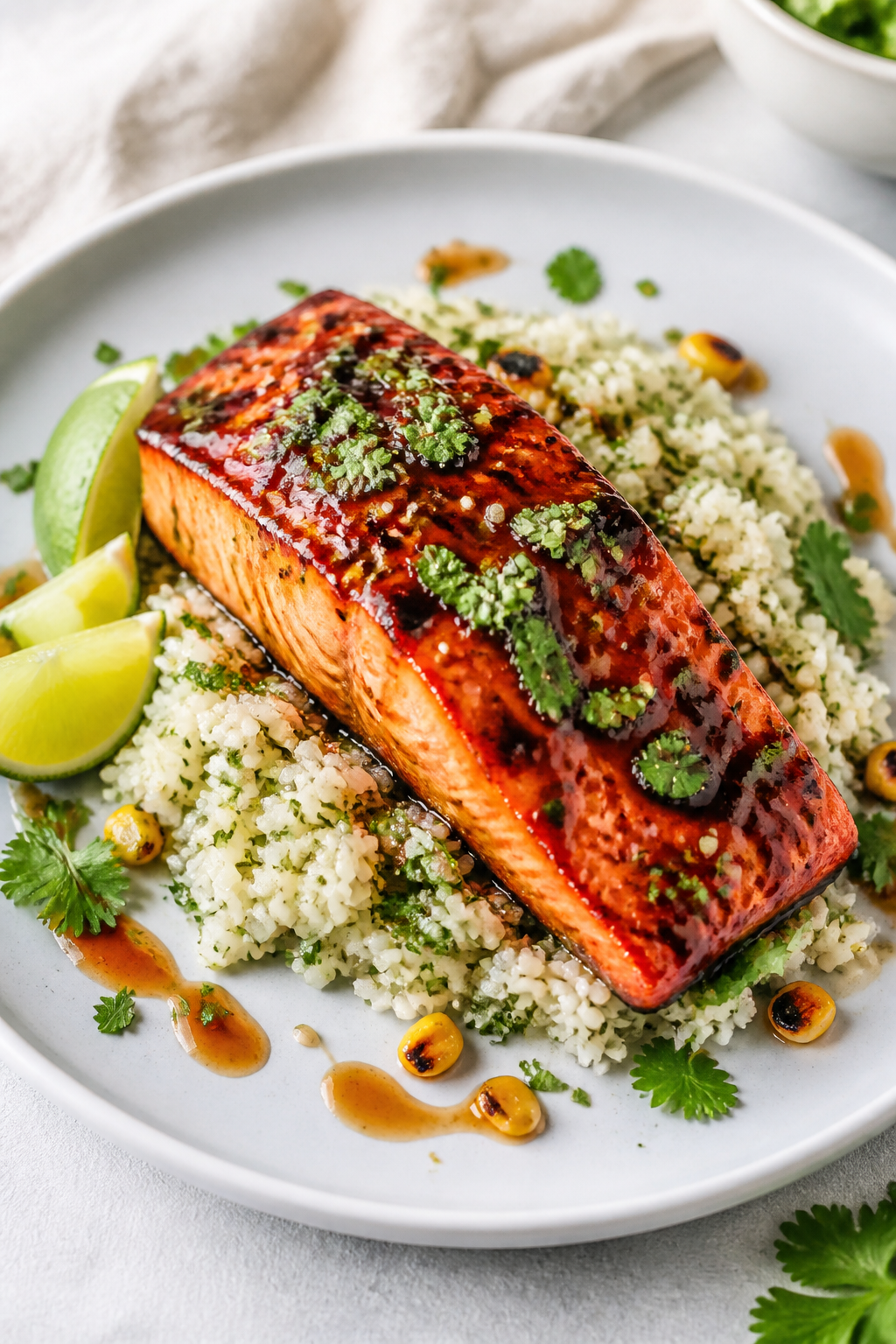 Final dish presentation: Beautifully plated Chipotle Honey Glazed Salmon on a matte white plate over