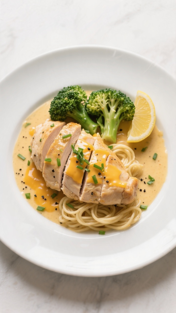 Final dish presentation: Beautifully plated Creamy Broccoli Cheddar Chicken on a wide white ceramic 