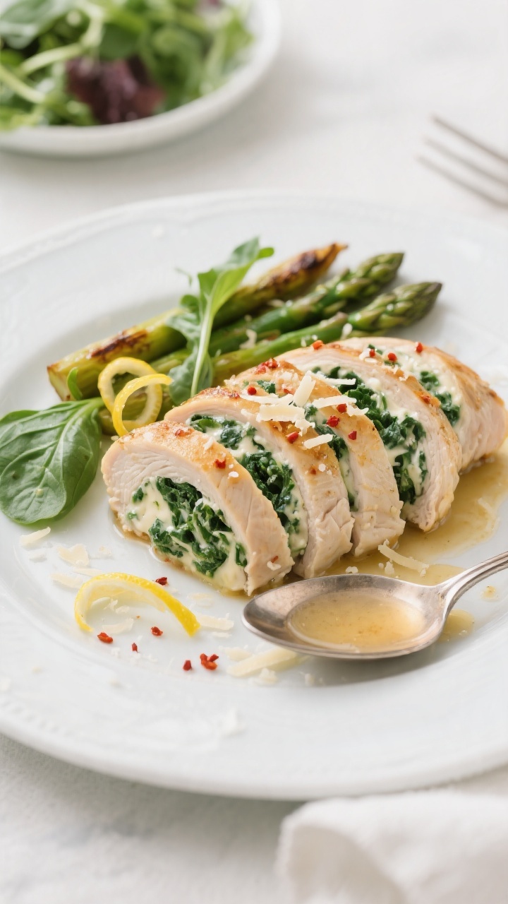 Final dish presentation: Beautifully plated creamy spinach stuffed chicken breast sliced to reveal t