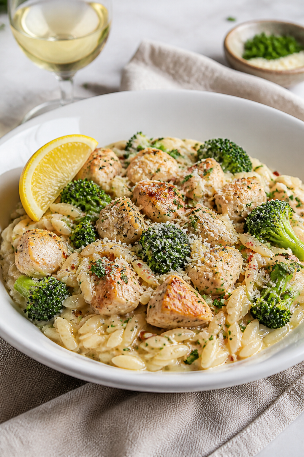 Final dish presentation: Beautifully plated Creamy Chicken Broccoli Orzo in a shallow white bowl, ; 