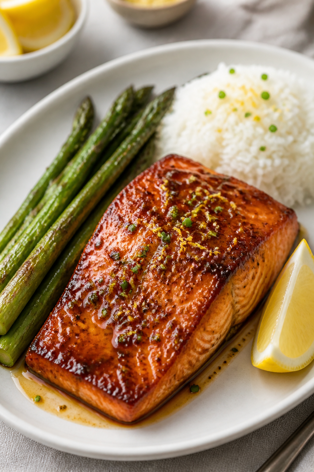 Final dish presentation: Beautifully plated Garlic Brown Sugar Salmon fillet on a matte white oval p