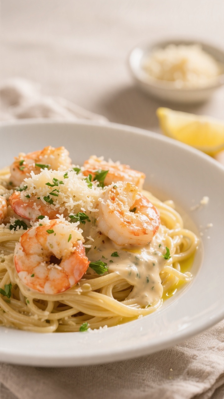 Final dish presentation: Beautifully plated Garlic Parmesan Shrimp over al dente linguine, generousl