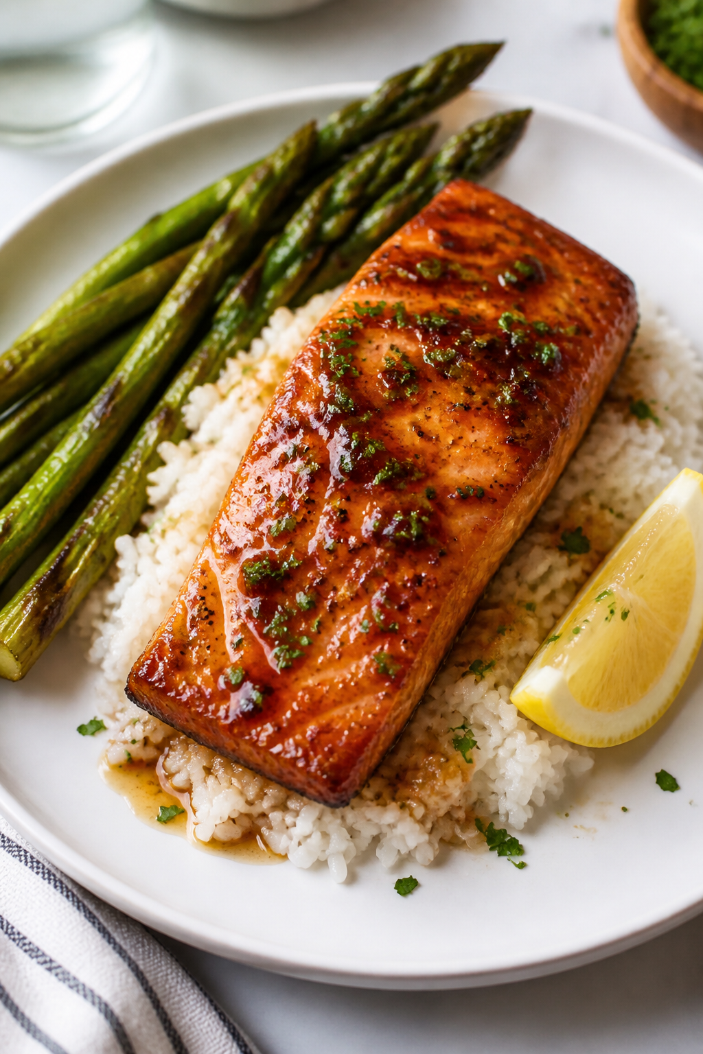 Final dish presentation: Beautifully plated Garlic Butter Honey Glazed Salmon on a matte white plate
