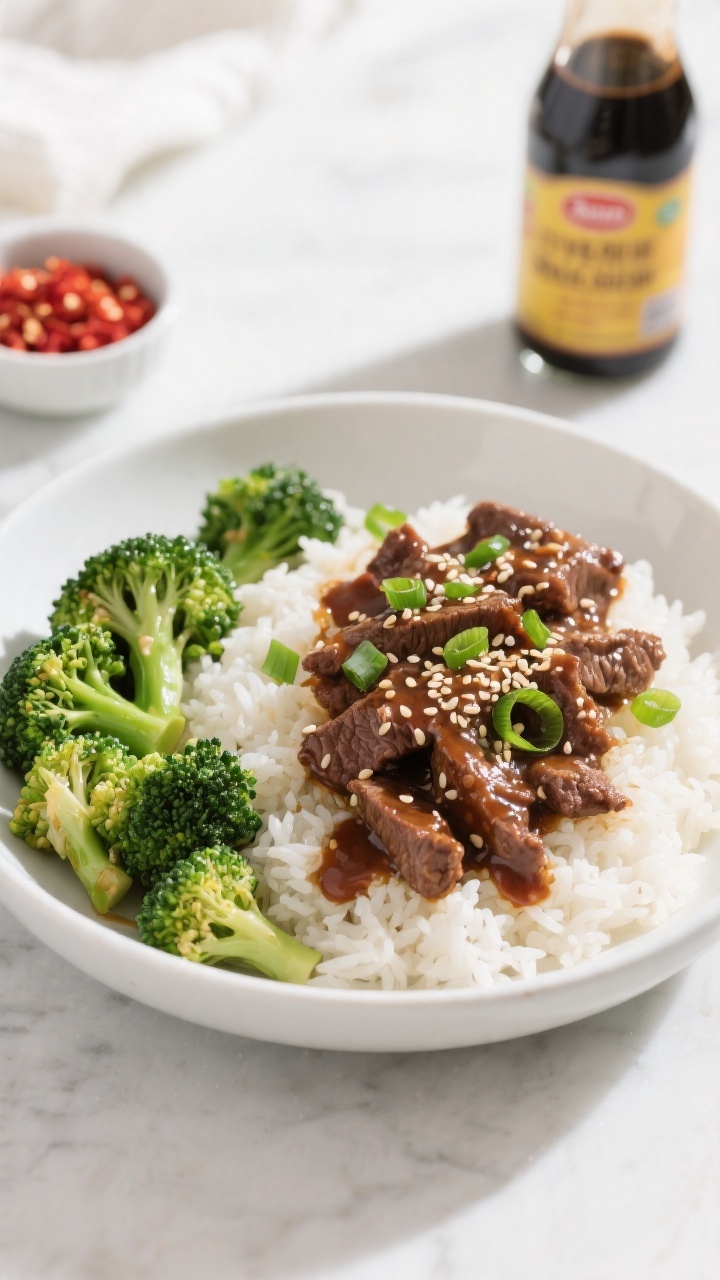 Final dish presentation: Beautifully plated Healthy Slow Cooker Beef & Broccoli over fluffy jasmine 