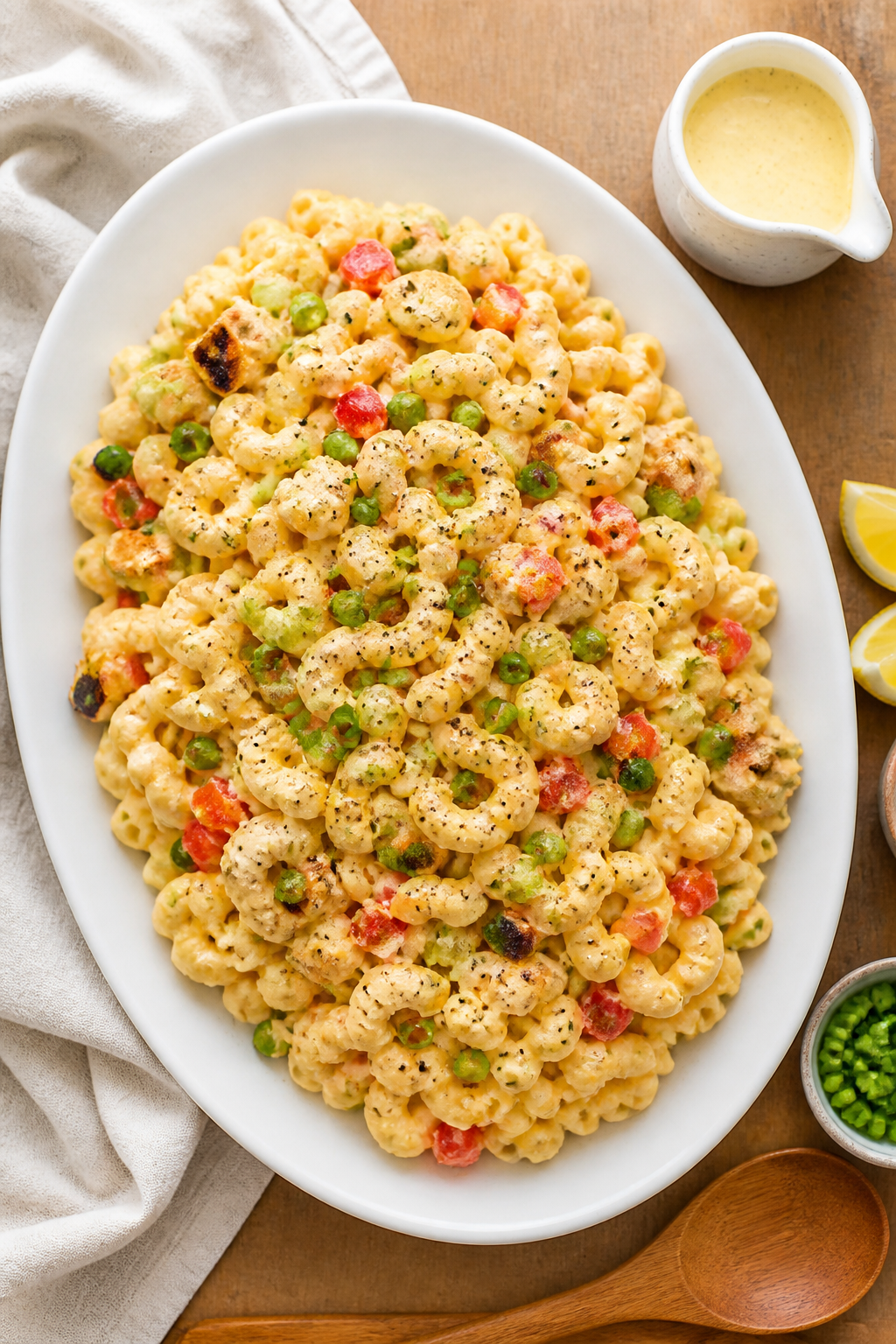 Final dish presentation: Beautifully plated high-protein mac and cheese pasta salad served family-st