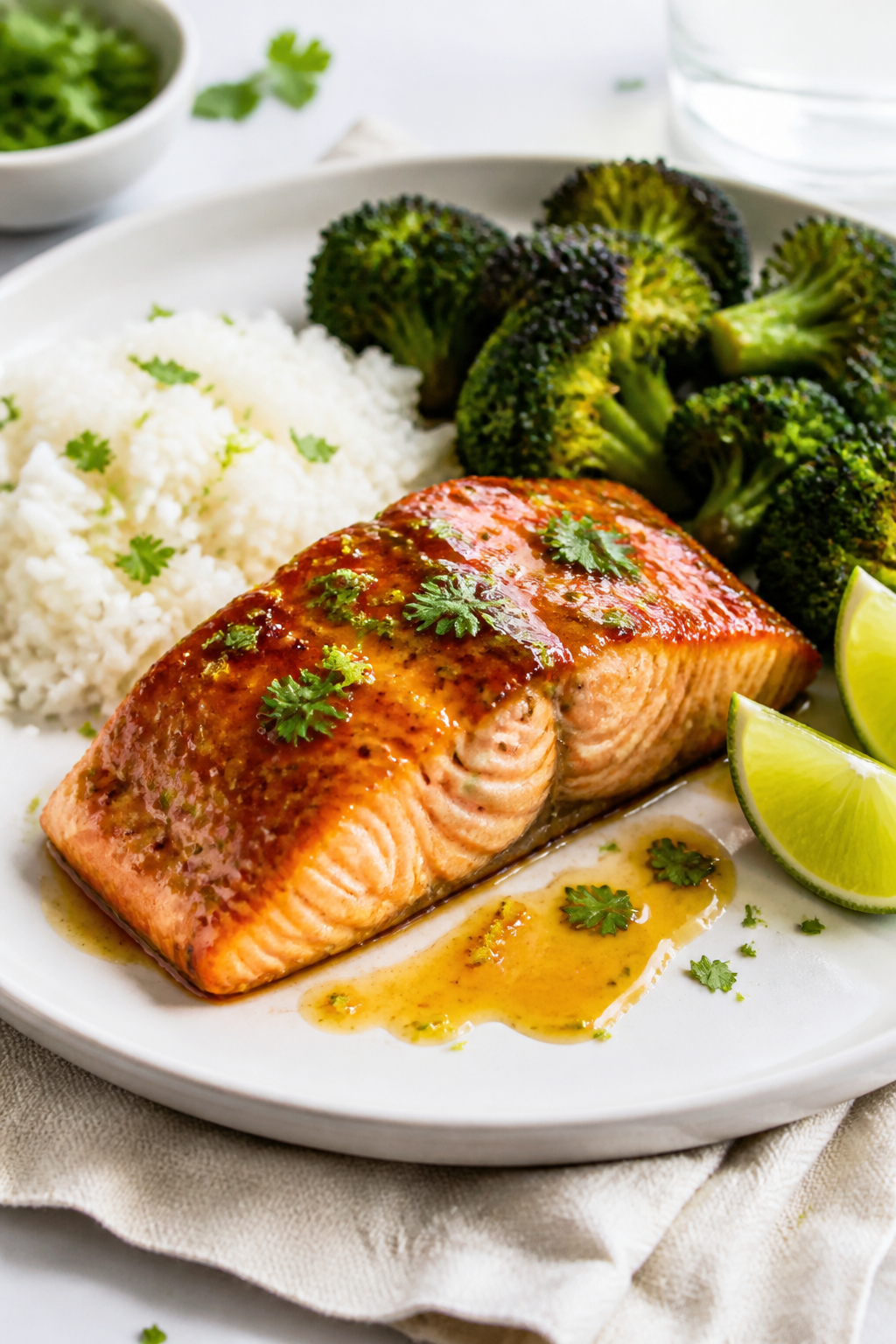 Final dish presentation: Beautifully plated Honey Lime Salmon fillet with a thick, shiny glaze and j