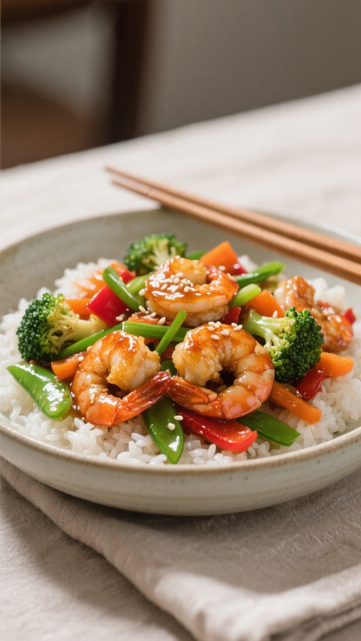 Final dish presentation: Beautifully plated Honey Garlic Shrimp Stir Fry over fluffy white rice in a