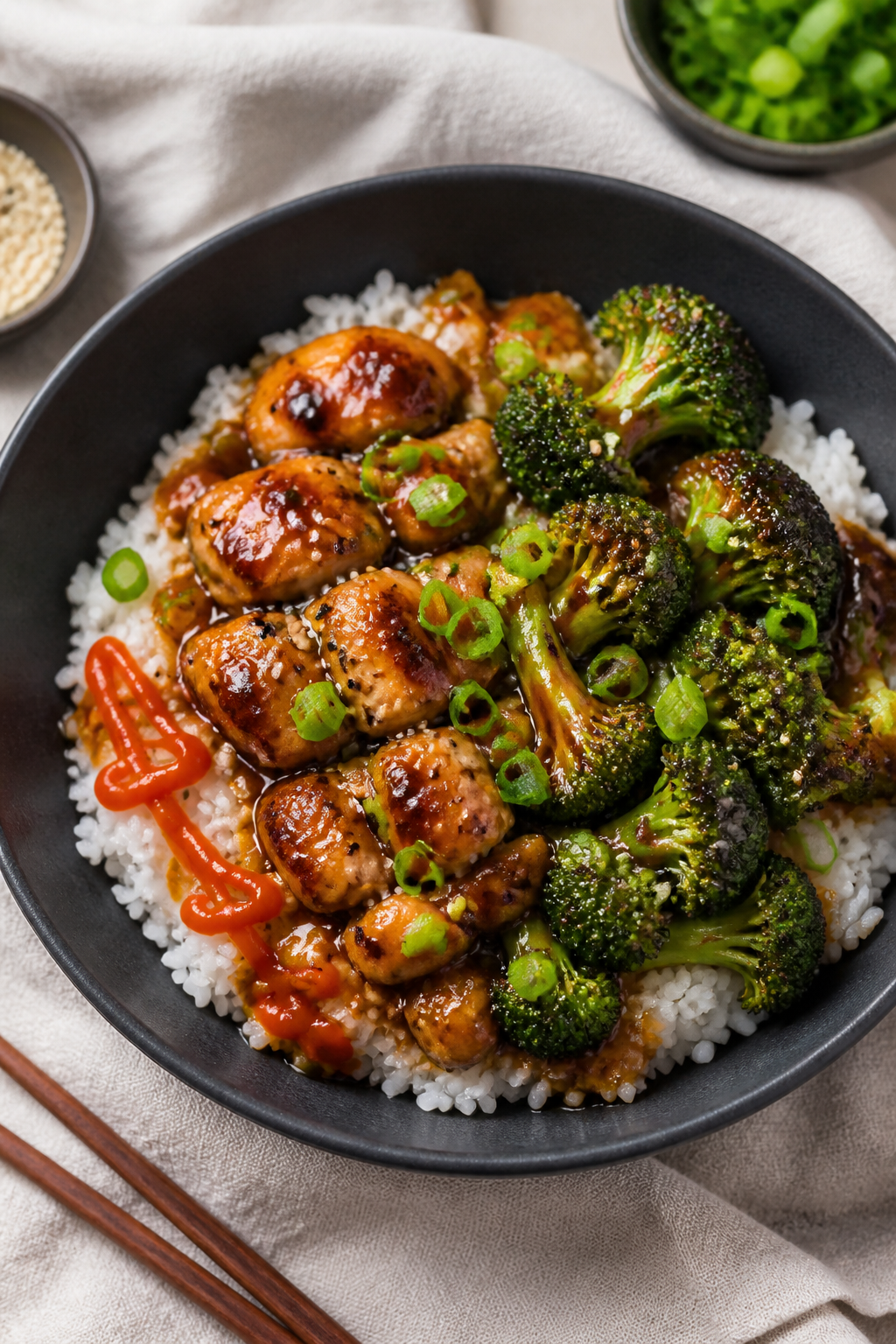 Final dish presentation: Beautifully plated Honey Garlic Chicken & Broccoli Bowl over fluffy white r
